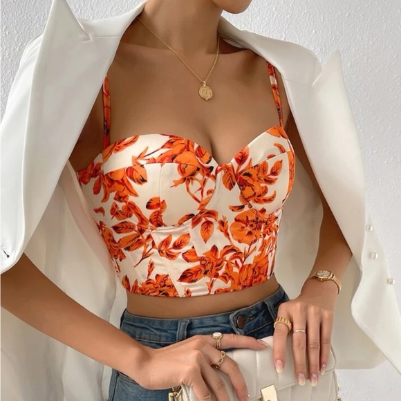 Boho floral print lace up back bustier corset tube satin top - Picture 3 of 16